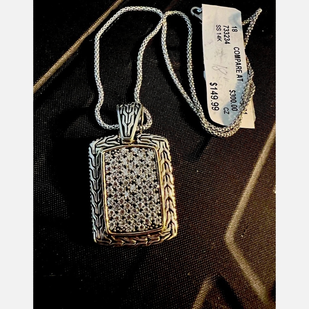 Unisex Dog Tag 14K Gold & Sterling Silver Pendant Necklace CZ’s NWT